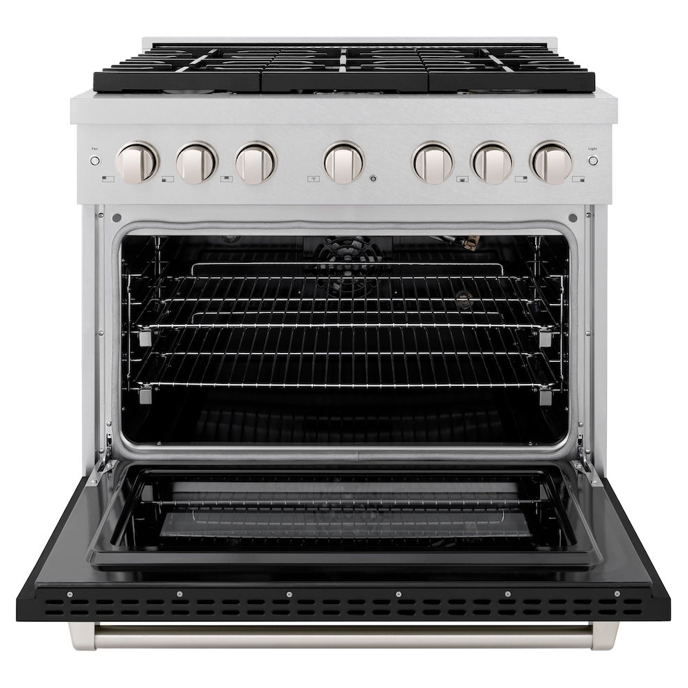 ZLINE 36 in. 5.2 cu. ft. Paramount Gas Range with 6 Burner Cooktop and Convection Gas Oven in Satin Stainless Steel with Black Matte Door (SGRS-BLM-36) front, oven open.