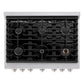 ZLINE 36 in. 5.2 cu. ft. Paramount Gas Range with 6 Burner Cooktop and Convection Gas Oven in Satin Stainless Steel with Black Matte Door (SGRS-BLM-36) top-down, above cooktop.