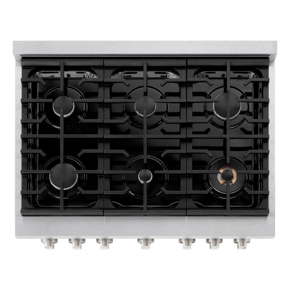 ZLINE 36 in. 5.2 cu. ft. Paramount Gas Range with 6 Burner Cooktop and Convection Gas Oven in Satin Stainless Steel with Black Matte Door (SGRS-BLM-36) top-down, above cooktop.