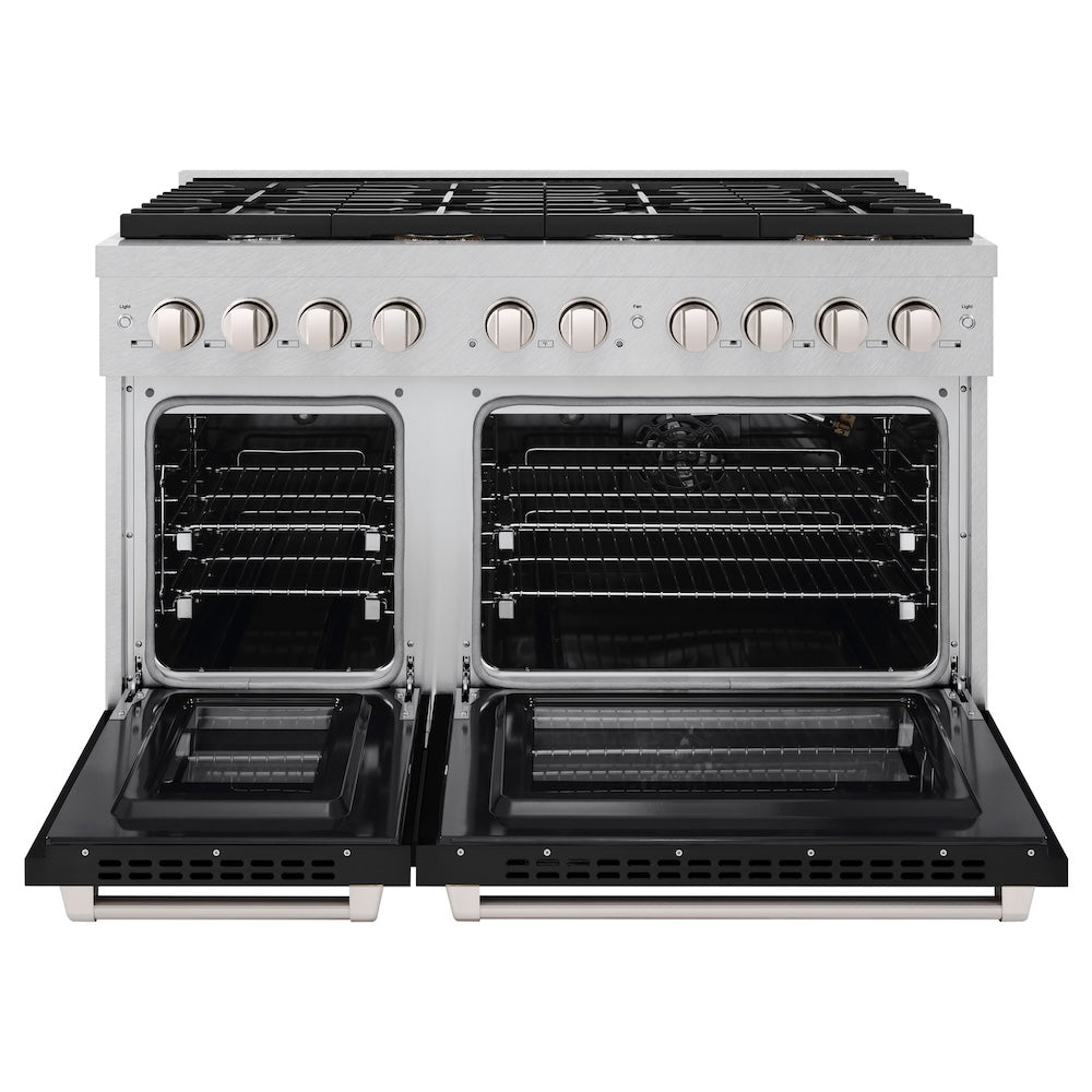 ZLINE 48 in. 6.7 cu. ft. Paramount Double Oven Gas Range with 8 Burner Cooktop in Satin Stainless Steel with Black Matte Doors (SGRS-BLM-48) front, oven open.
