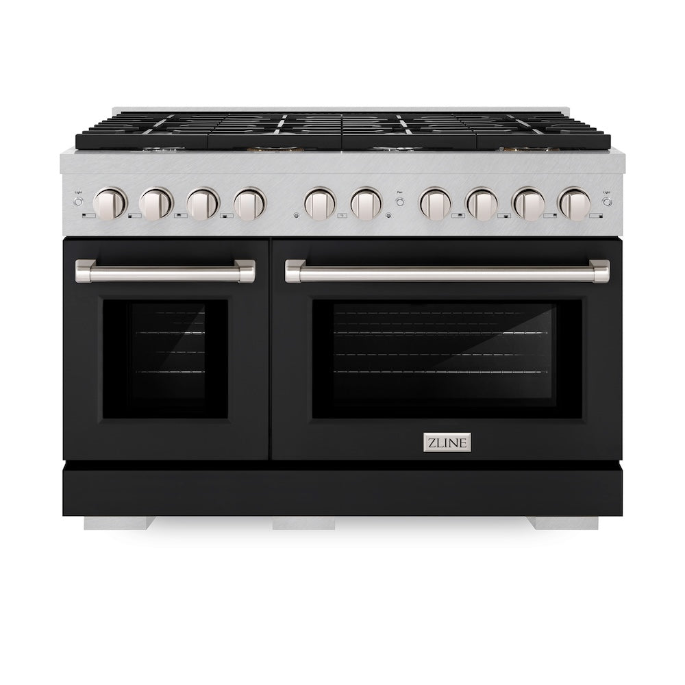 ZLINE 48 in. 6.7 cu. ft. Paramount Double Oven Gas Range with 8 Burner Cooktop in Satin Stainless Steel with Black Matte Doors (SGRS-BLM-48) front.