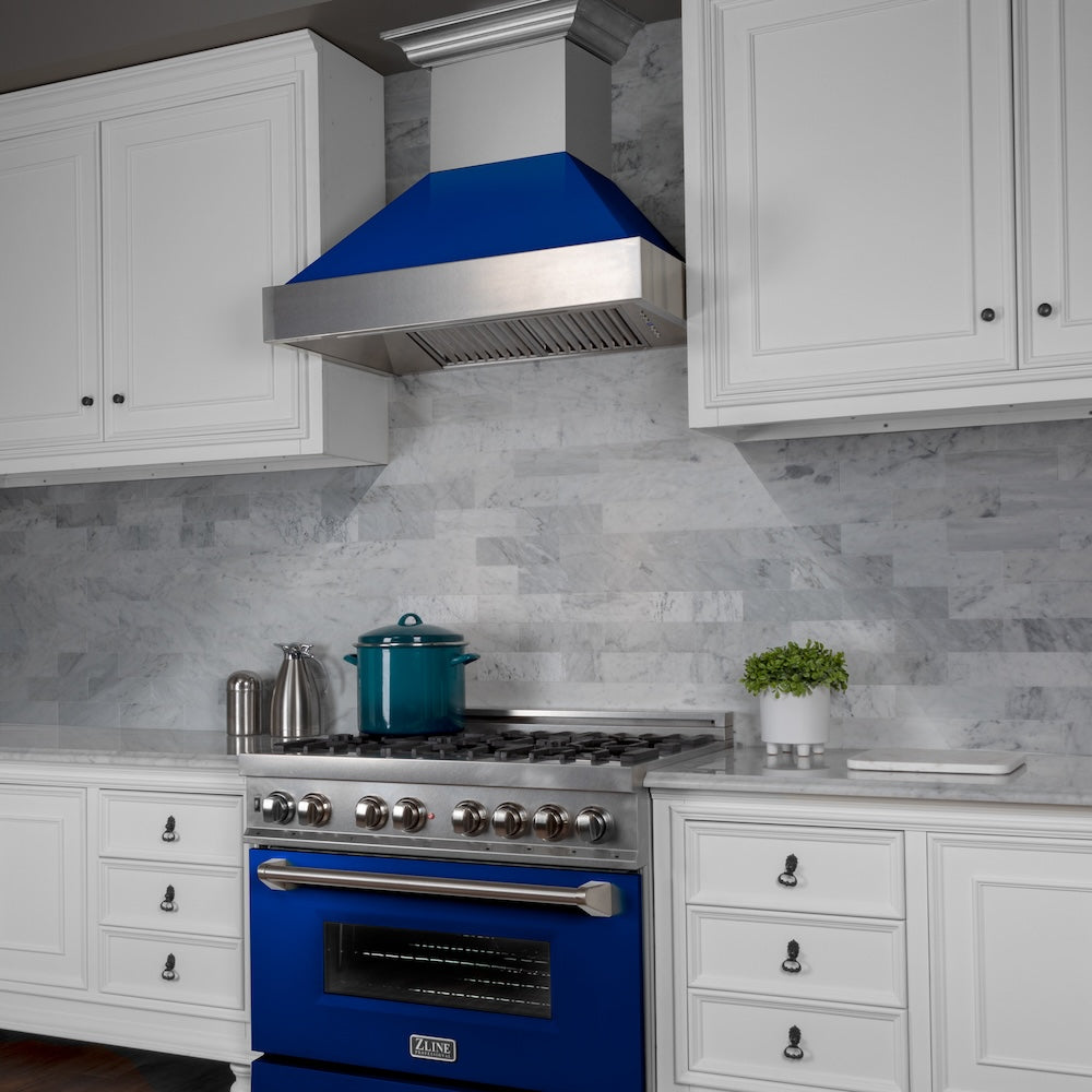 ZLINE 30 in. 4.0 cu. ft. Legacy Dual Fuel Range with 4 Burner Gas Cooktop and Electric Convection Oven in Satin Stainless Steel and Blue Gloss Door (RAS-BG-30)