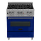 ZLINE 30 in. 4.0 cu. ft. Legacy Dual Fuel Range with 4 Burner Gas Cooktop and Electric Convection Oven in Satin Stainless Steel and Blue Gloss Door (RAS-BG-30) front.