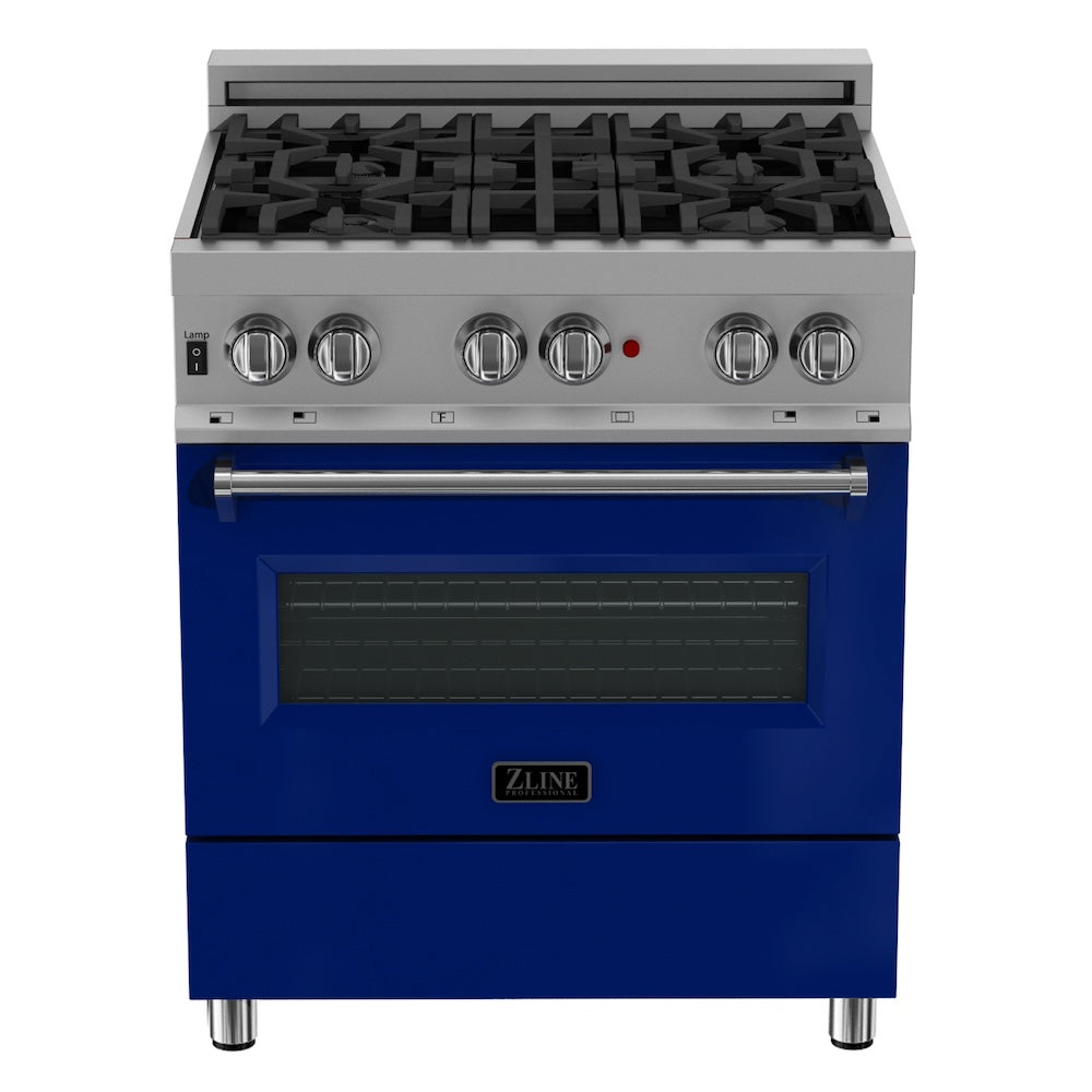 ZLINE 30 in. 4.0 cu. ft. Legacy Dual Fuel Range with 4 Burner Gas Cooktop and Electric Convection Oven in Satin Stainless Steel and Blue Gloss Door (RAS-BG-30) front.