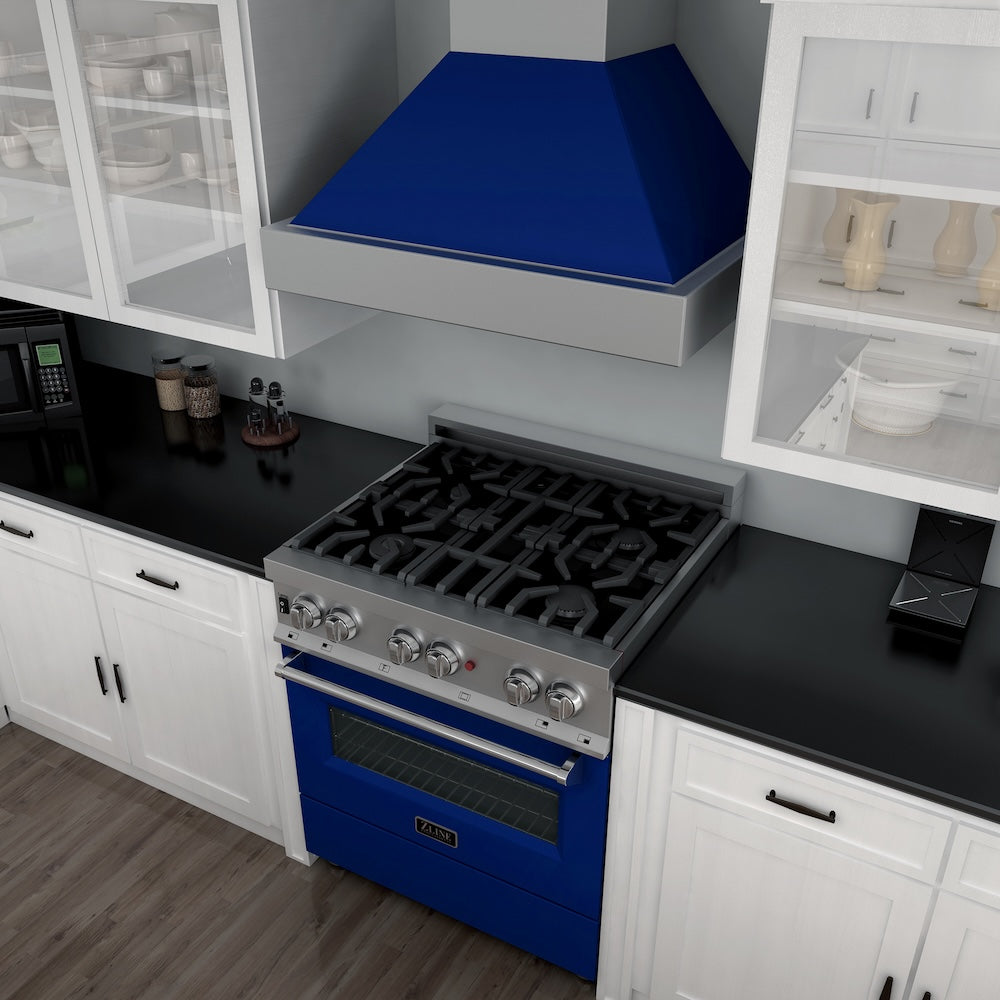 ZLINE 30 in. 4.0 cu. ft. Legacy Dual Fuel Range with 4 Burner Gas Cooktop and Electric Convection Oven in Satin Stainless Steel and Blue Gloss Door (RAS-BG-30)