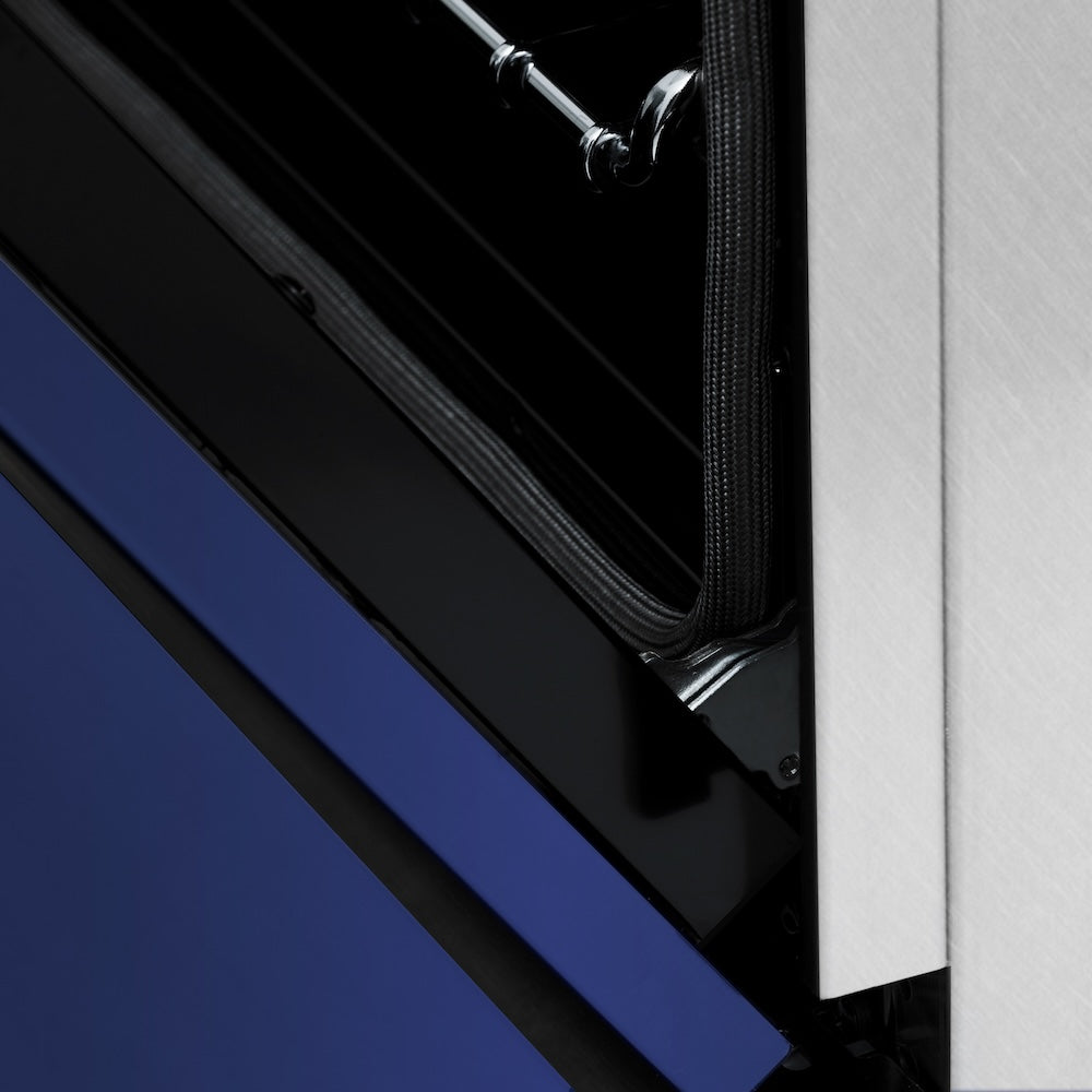 ZLINE 24 in. 2.8 cu. ft. Legacy Dual Fuel Range with 4 Burner Gas Cooktop and Electric Convection Oven in Satin Stainless Steel and Blue Matte Door (RAS-BM-24) StayPut oven door hinge.