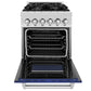 ZLINE 24 in. 2.8 cu. ft. Legacy Dual Fuel Range with 4 Burner Gas Cooktop and Electric Convection Oven in Satin Stainless Steel and Blue Matte Door (RAS-BM-24) front, oven open.