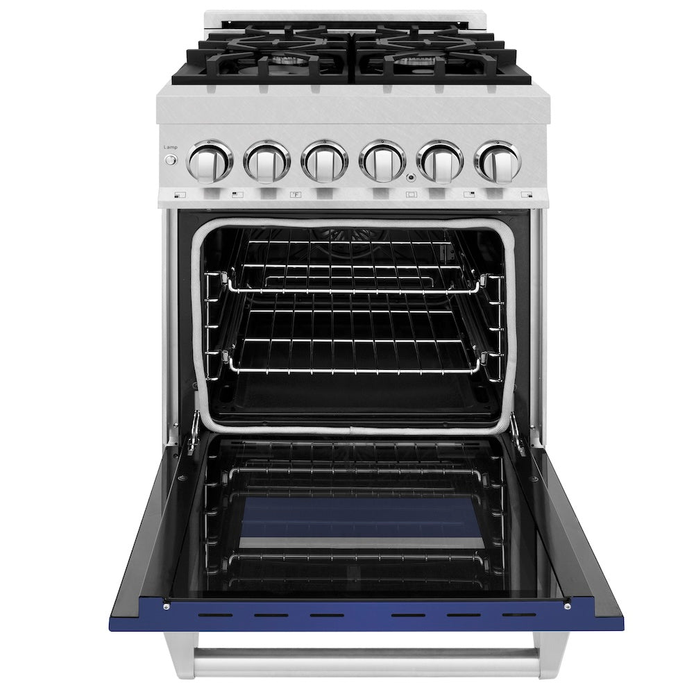 ZLINE 24 in. 2.8 cu. ft. Legacy Dual Fuel Range with 4 Burner Gas Cooktop and Electric Convection Oven in Satin Stainless Steel and Blue Matte Door (RAS-BM-24) front, oven open.