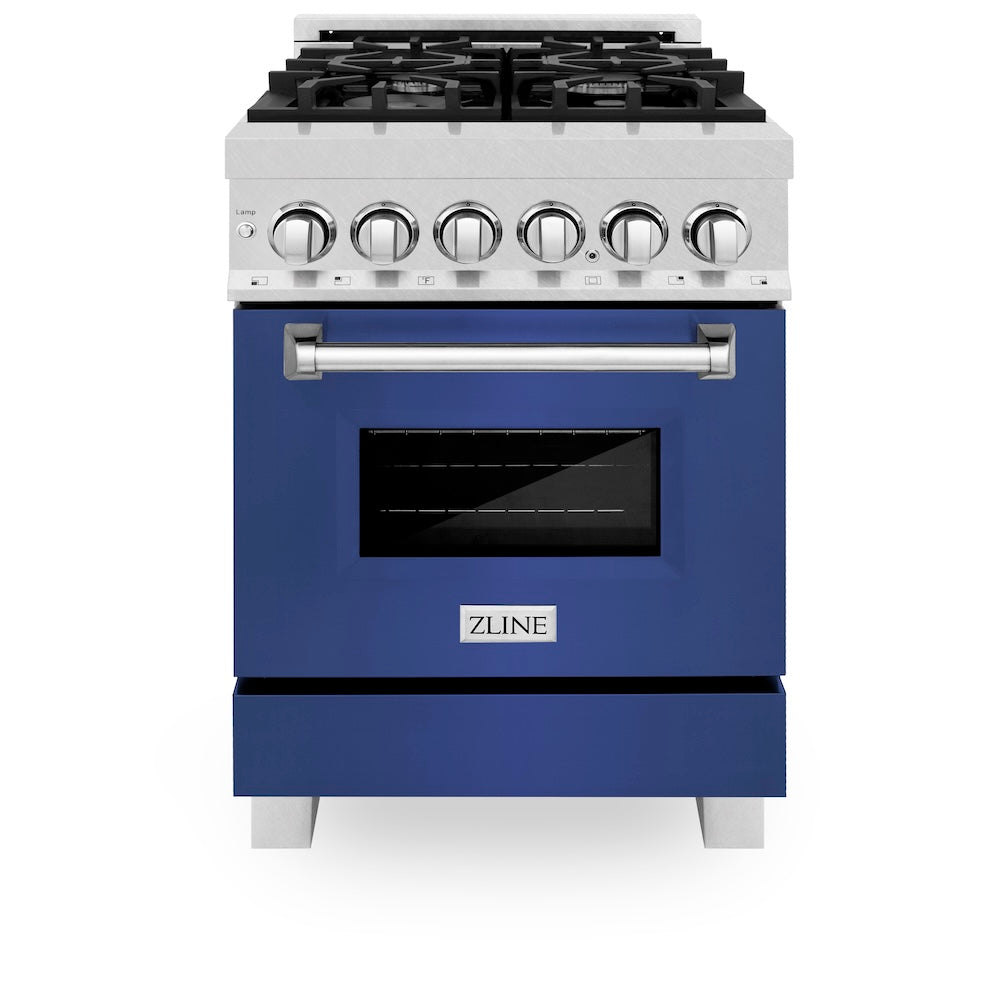 ZLINE 24 in. 2.8 cu. ft. Legacy Dual Fuel Range with 4 Burner Gas Cooktop and Electric Convection Oven in Satin Stainless Steel and Blue Matte Door (RAS-BM-24) front.