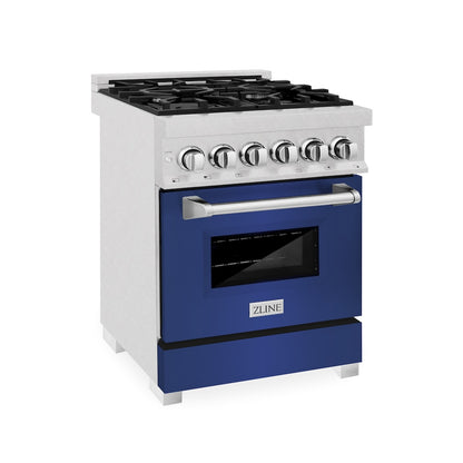 ZLINE 24 in. 2.8 cu. ft. Legacy Dual Fuel Range with 4 Burner Gas Cooktop and Electric Convection Oven in Satin Stainless Steel and Blue Matte Door (RAS-BM-24)