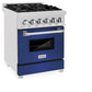 ZLINE 24 in. 2.8 cu. ft. Legacy Dual Fuel Range with 4 Burner Gas Cooktop and Electric Convection Oven in Satin Stainless Steel and Blue Matte Door (RAS-BM-24) side.