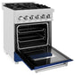 ZLINE 24 in. 2.8 cu. ft. Legacy Dual Fuel Range with 4 Burner Gas Cooktop and Electric Convection Oven in Satin Stainless Steel and Blue Matte Door (RAS-BM-24) side, oven open.