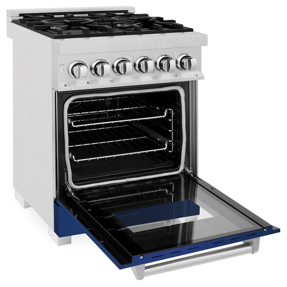 ZLINE 24 in. 2.8 cu. ft. Legacy Dual Fuel Range with 4 Burner Gas Cooktop and Electric Convection Oven in Satin Stainless Steel and Blue Matte Door (RAS-BM-24) side, oven open.