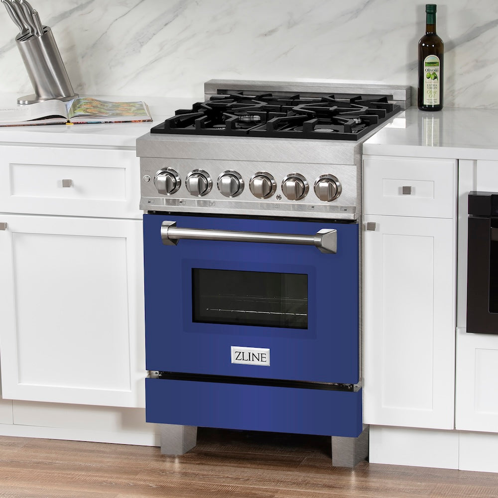 ZLINE 24 in. 2.8 cu. ft. Legacy Dual Fuel Range with 4 Burner Gas Cooktop and Electric Convection Oven in Satin Stainless Steel and Blue Matte Door (RAS-BM-24)