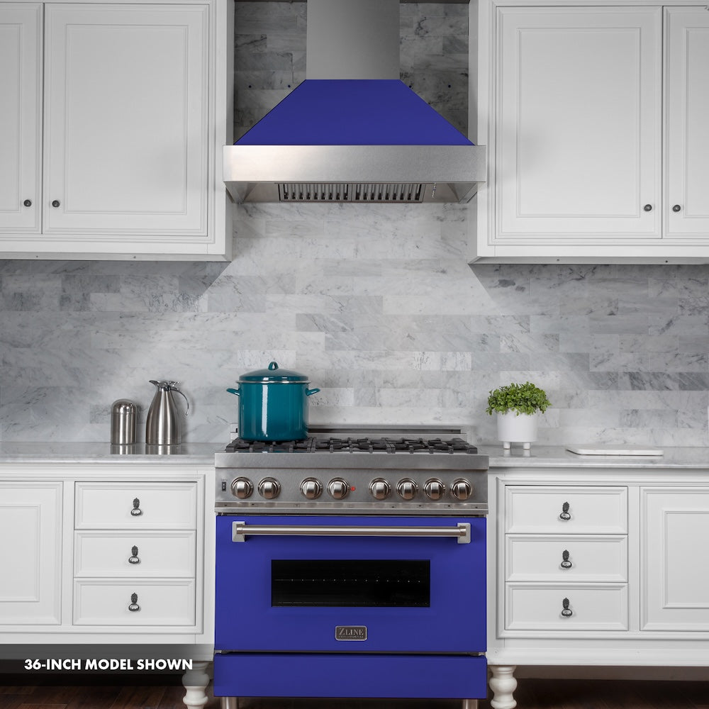 ZLINE 30 in. 4.0 cu. ft. Legacy Dual Fuel Range with 4 Burner Gas Cooktop and Electric Convection Oven in Satin Stainless Steel and Blue Matte Door (RAS-BM-30) front.