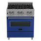 ZLINE 30 in. 4.0 cu. ft. Legacy Dual Fuel Range with 4 Burner Gas Cooktop and Electric Convection Oven in Satin Stainless Steel and Blue Matte Door (RAS-BM-30) front.