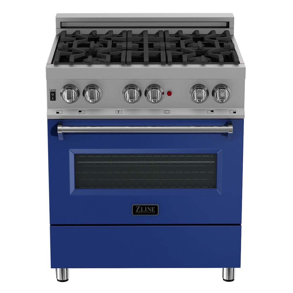 ZLINE 30 in. 4.0 cu. ft. Legacy Dual Fuel Range with 4 Burner Gas Cooktop and Electric Convection Oven in Satin Stainless Steel and Blue Matte Door (RAS-BM-30) front.