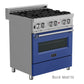 ZLINE 30 in. 4.0 cu. ft. Legacy Dual Fuel Range with 4 Burner Gas Cooktop and Electric Convection Oven in Satin Stainless Steel and Blue Matte Door (RAS-BM-30) side.
