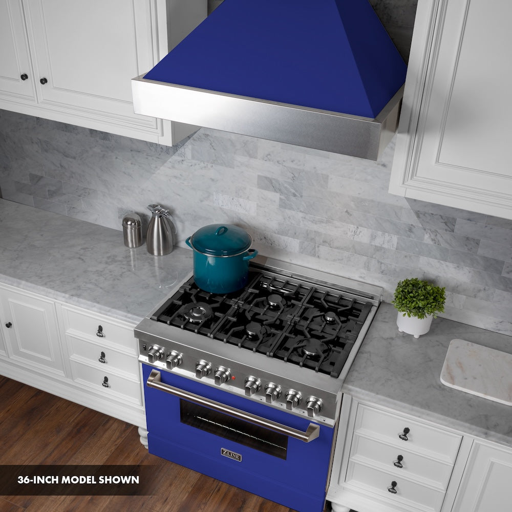 ZLINE 30 in. 4.0 cu. ft. Legacy Dual Fuel Range with 4 Burner Gas Cooktop and Electric Convection Oven in Satin Stainless Steel and Blue Matte Door (RAS-BM-30)