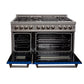 ZLINE 48 in. 6.0 cu. ft. Legacy Dual Fuel Range with 7 Burner Gas Cooktop and 2 Electric Ovens in Satin Stainless Steel and Blue Matte Doors (RAS-BM-48) front, oven open.