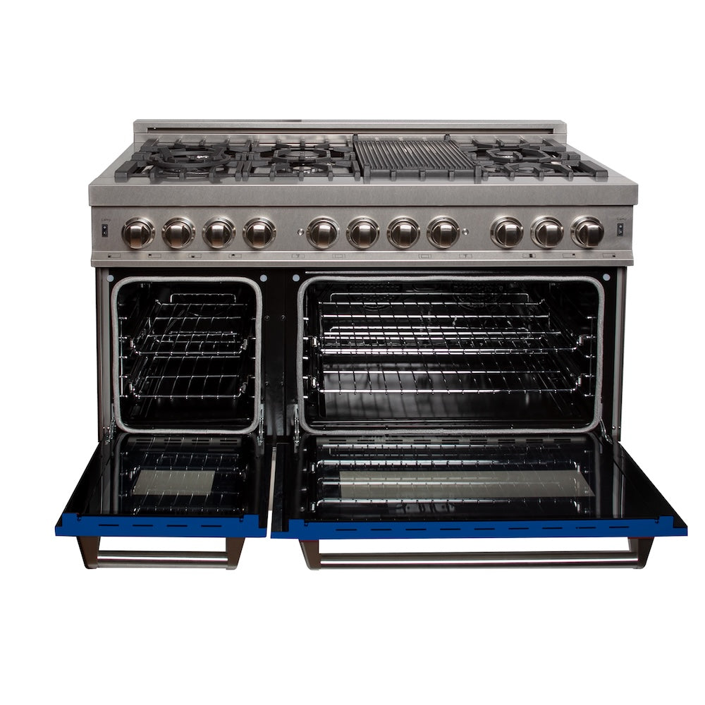 ZLINE 48 in. 6.0 cu. ft. Legacy Dual Fuel Range with 7 Burner Gas Cooktop and 2 Electric Ovens in Satin Stainless Steel and Blue Matte Doors (RAS-BM-48) front, oven open.