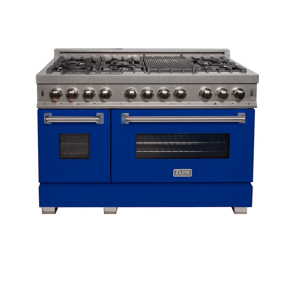 ZLINE 48 in. 6.0 cu. ft. Legacy Dual Fuel Range with 7 Burner Gas Cooktop and 2 Electric Ovens in Satin Stainless Steel and Blue Matte Doors (RAS-BM-48) front.