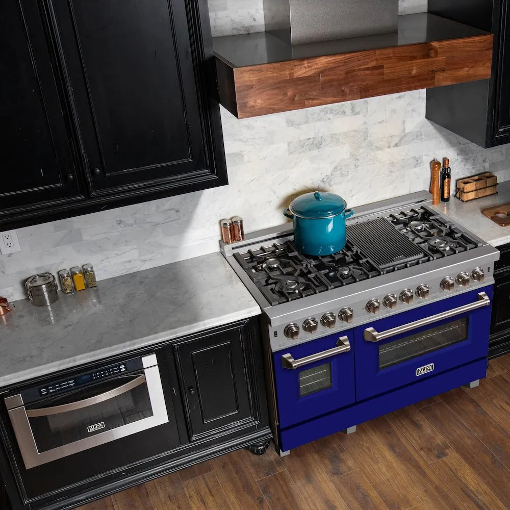 ZLINE 48 in. 6.0 cu. ft. Legacy Dual Fuel Range with 7 Burner Gas Cooktop and 2 Electric Ovens in Satin Stainless Steel and Blue Matte Doors (RAS-BM-48)