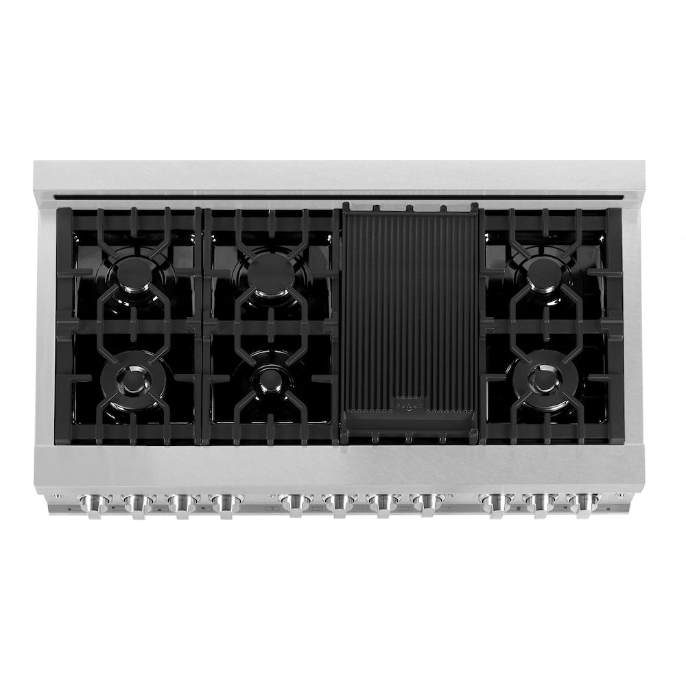ZLINE 48 in. 6.0 cu. ft. Legacy Dual Fuel Range with 7 Burner Gas Cooktop and 2 Electric Ovens in Satin Stainless Steel and Blue Matte Doors (RAS-BM-48) top-down, above cooktop.