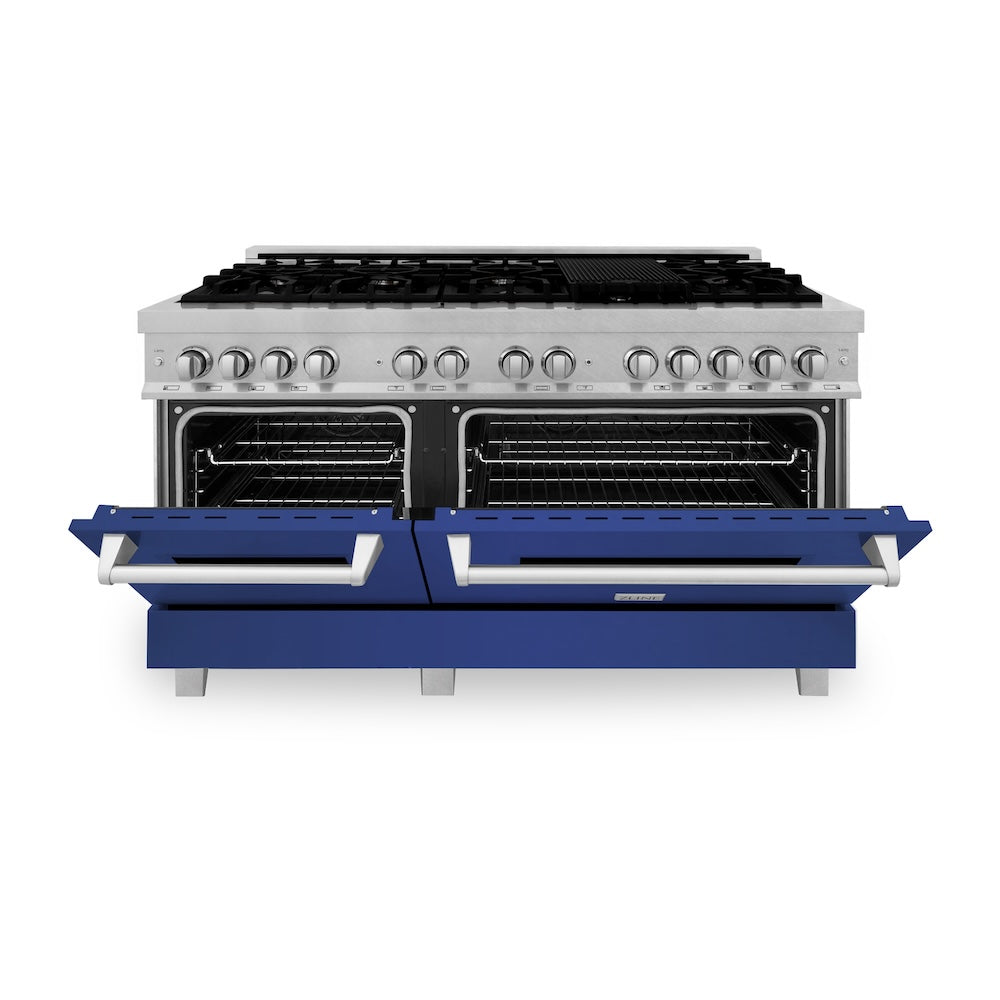 ZLINE 60 in. 7.4 cu. ft. Legacy Dual Fuel Range with 9 Burner Gas Cooktop and 2 Electric Convection Ovens in Satin Stainless Steel and Blue Matte Doors (RAS-BM-60)