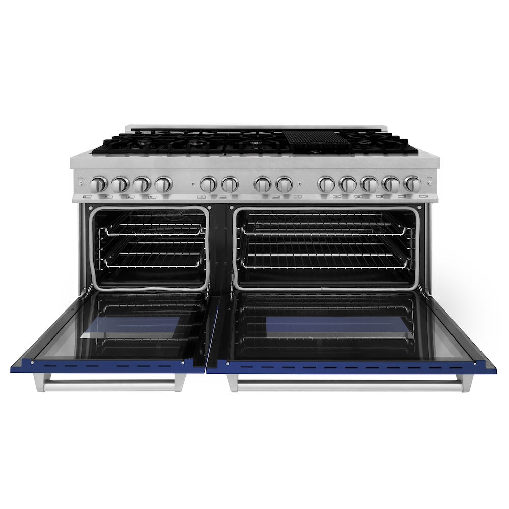 ZLINE 60 in. 7.4 cu. ft. Legacy Dual Fuel Range with 9 Burner Gas Cooktop and 2 Electric Convection Ovens in Satin Stainless Steel and Blue Matte Doors (RAS-BM-60) front, oven open.