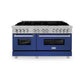 ZLINE 60 in. 7.4 cu. ft. Legacy Dual Fuel Range with 9 Burner Gas Cooktop and 2 Electric Convection Ovens in Satin Stainless Steel and Blue Matte Doors (RAS-BM-60) front.