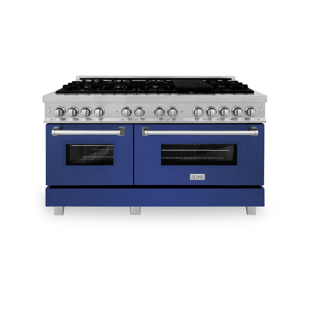 ZLINE 60 in. 7.4 cu. ft. Legacy Dual Fuel Range with 9 Burner Gas Cooktop and 2 Electric Convection Ovens in Satin Stainless Steel and Blue Matte Doors (RAS-BM-60) front.