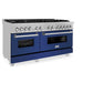 ZLINE 60 in. 7.4 cu. ft. Legacy Dual Fuel Range with 9 Burner Gas Cooktop and 2 Electric Convection Ovens in Satin Stainless Steel and Blue Matte Doors (RAS-BM-60) side.
