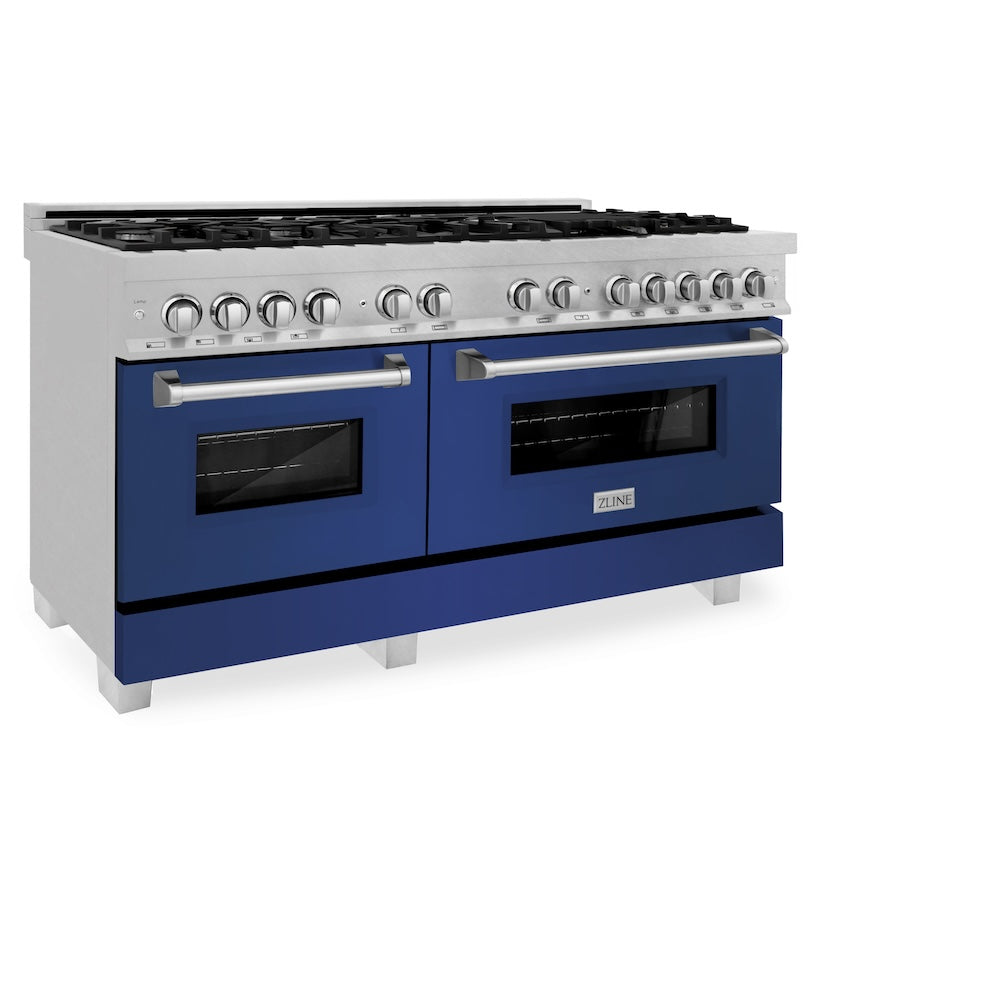 ZLINE 60 in. 7.4 cu. ft. Legacy Dual Fuel Range with 9 Burner Gas Cooktop and 2 Electric Convection Ovens in Satin Stainless Steel and Blue Matte Doors (RAS-BM-60) side.
