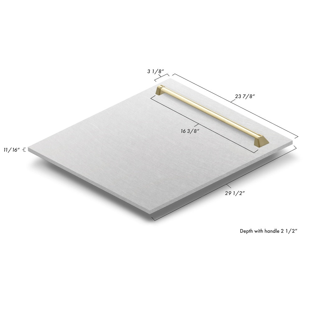 ZLINE Autograph Edition 24 in. Monument Dishwasher Panel with Color Options and Polished Gold Handle (DPMTZ-24-G) dimensional diagram.
