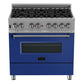 ZLINE 36 in. 4.6 cu. ft. Legacy Dual Fuel Range with 6 Burner Gas Cooktop and Electric Convection Oven in Satin Stainless Steel and Blue Matte Door (RAS-BM-36) front.