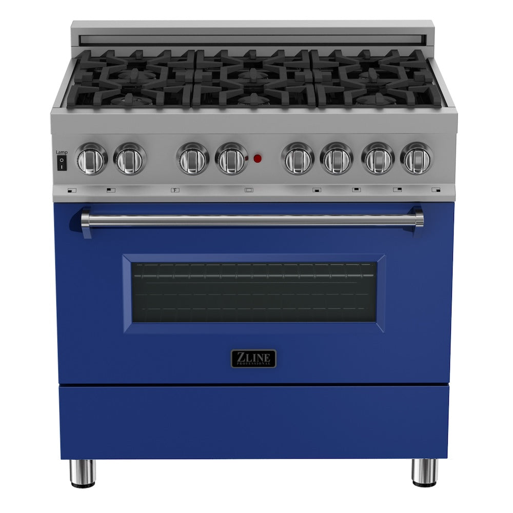 ZLINE 36 in. 4.6 cu. ft. Legacy Dual Fuel Range with 6 Burner Gas Cooktop and Electric Convection Oven in Satin Stainless Steel and Blue Matte Door (RAS-BM-36) front.