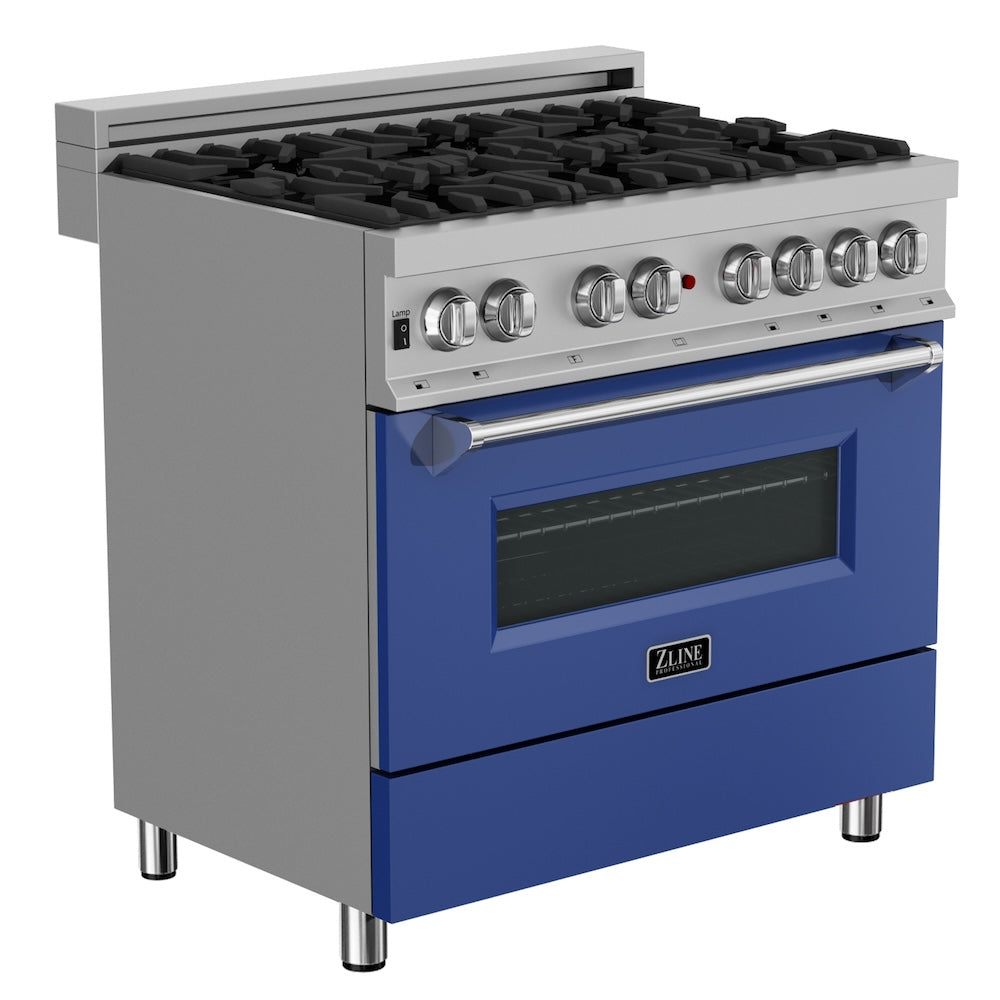 ZLINE 36 in. 4.6 cu. ft. Legacy Dual Fuel Range with 6 Burner Gas Cooktop and Electric Convection Oven in Satin Stainless Steel and Blue Matte Door (RAS-BM-36) side.