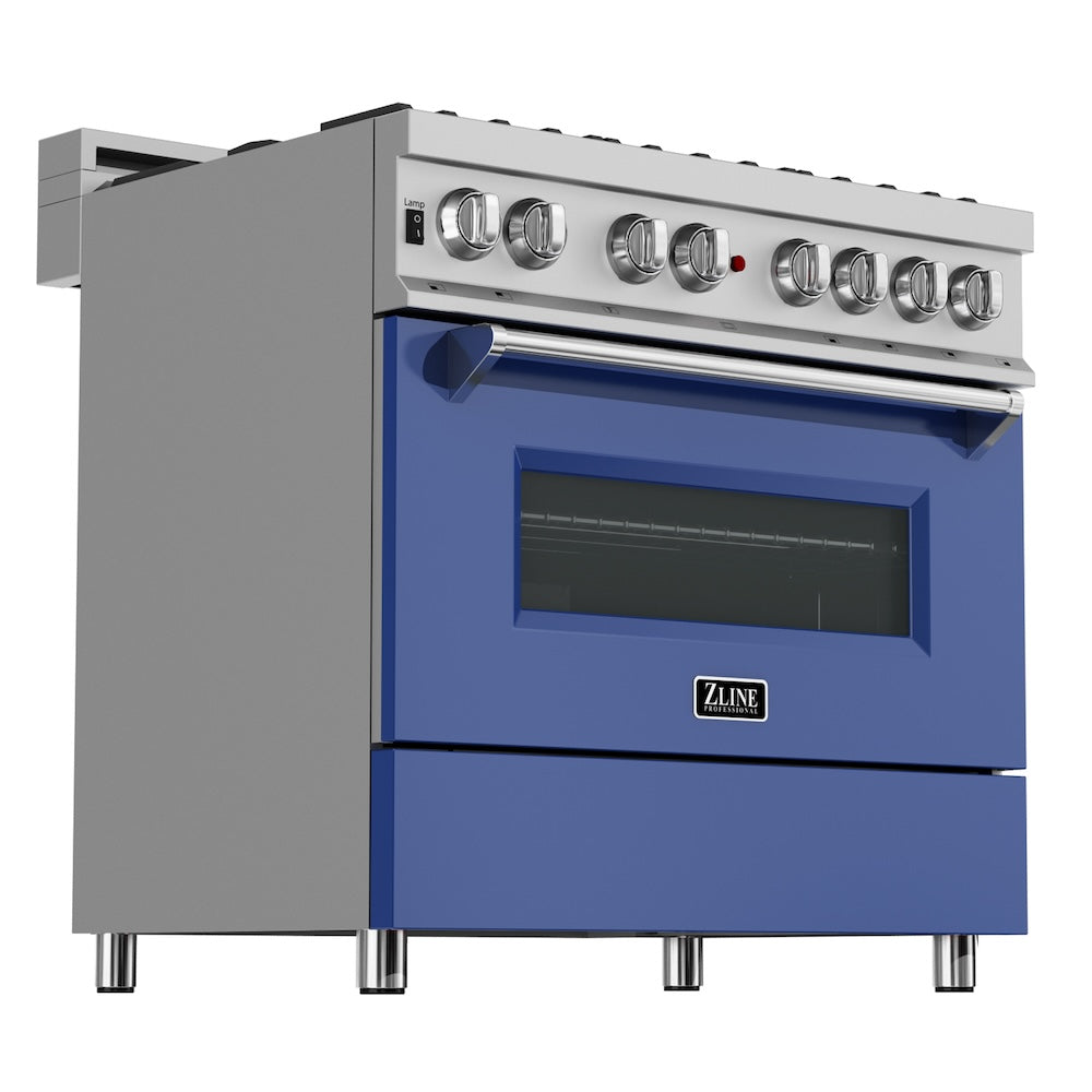 ZLINE 36 in. 4.6 cu. ft. Legacy Dual Fuel Range with 6 Burner Gas Cooktop and Electric Convection Oven in Satin Stainless Steel and Blue Matte Door (RAS-BM-36) main image.