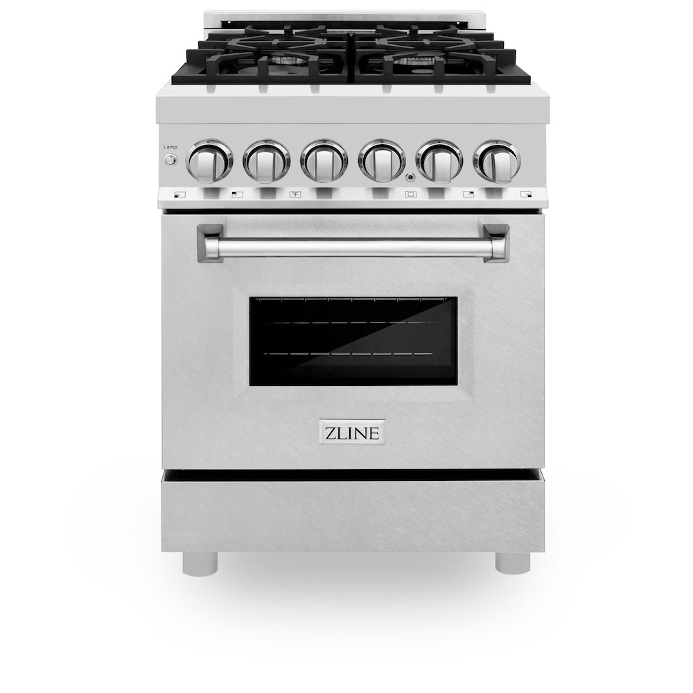 ZLINE 24 in. 2.8 cu. ft. Legacy Dual Fuel Range with 4 Burner Gas Cooktop and Electric Convection Oven in Stainless Steel with Satin Stainless Steel Door (RA-SN-24) front.