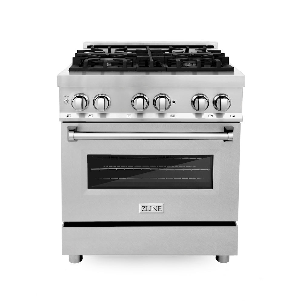 ZLINE 30 in. Kitchen Package with Satin Stainless Steel Dual Fuel Range and Convertible Vent Range Hood (2KP-RASNRH30)