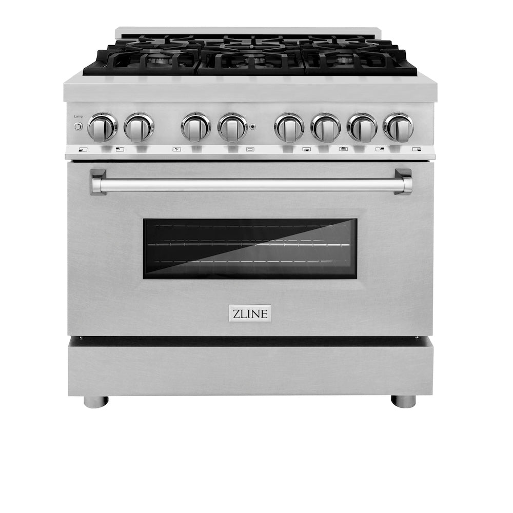 ZLINE 36 in. Kitchen Package with Satin Stainless Steel Dual Fuel Range and Convertible Vent Range Hood (2KP-RASNRH36)