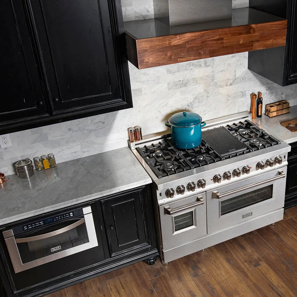 Rustic kitchen with ZLINE 48 in. 6.0 cu. ft. Legacy Dual Fuel Range with 7 Burner Gas Cooktop and 2 Electric Ovens in Stainless Steel with Satin Stainless Steel Doors (RA-SN-48) and black cabinets
