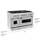 ZLINE 48 in. 6.0 cu. ft. Legacy Dual Fuel Range with 7 Burner Gas Cooktop and 2 Electric Ovens in Stainless Steel with Satin Stainless Steel Doors (RA-SN-48) dimensional diagram.