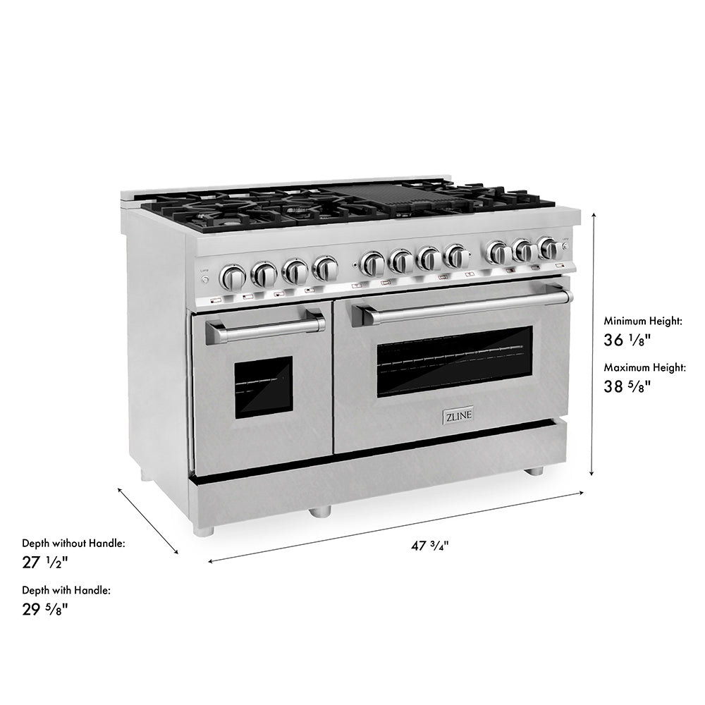 ZLINE 48 in. 6.0 cu. ft. Legacy Dual Fuel Range with 7 Burner Gas Cooktop and 2 Electric Ovens in Stainless Steel with Satin Stainless Steel Doors (RA-SN-48) dimensional diagram.