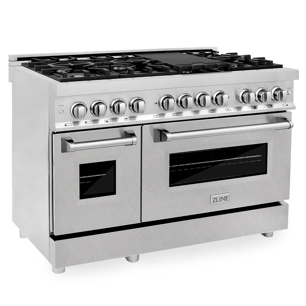 ZLINE 48 in. 6.0 cu. ft. Legacy Dual Fuel Range with 7 Burner Gas Cooktop and 2 Electric Ovens in Stainless Steel with Satin Stainless Steel Doors (RA-SN-48) main image.