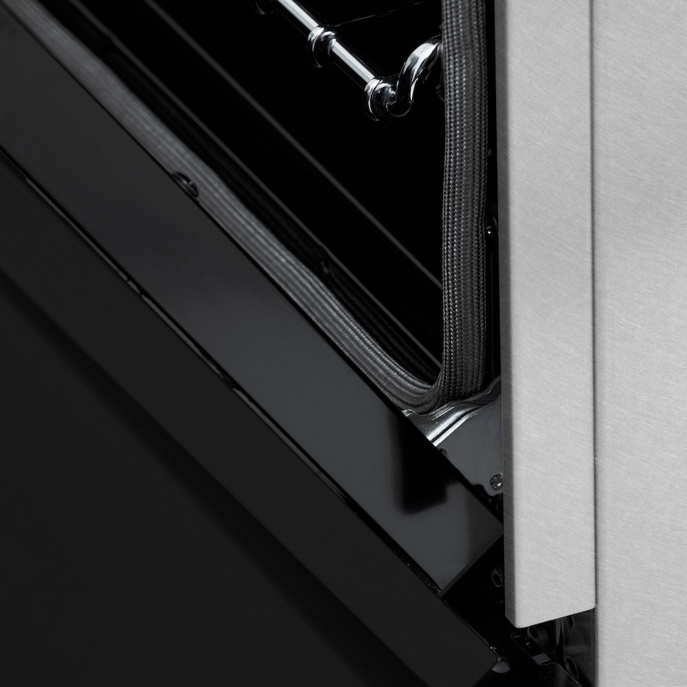 ZLINE 36 in. 4.6 cu. ft. Legacy Dual Fuel Range with 6 Burner Gas Cooktop and Electric Convection Oven in Satin Stainless Steel and Black Matte Door (RAS-BLM-36) StayPut oven door hinge.