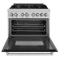 ZLINE 36 in. 4.6 cu. ft. Legacy Dual Fuel Range with 6 Burner Gas Cooktop and Electric Convection Oven in Satin Stainless Steel and Black Matte Door (RAS-BLM-36) front, oven open.