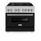ZLINE 36 in. Kitchen Package with Satin Stainless Steel Dual Fuel Range with Black Matte Door and Convertible Vent Range Hood (2KP-RASBLMRH36)