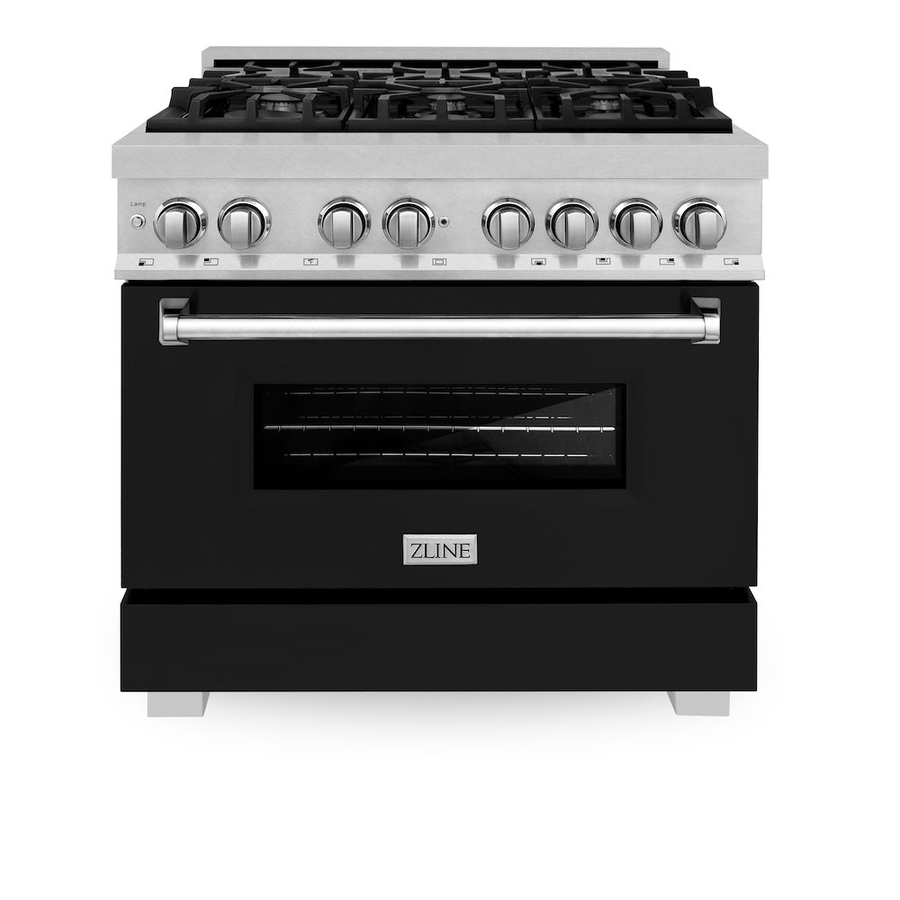 ZLINE 36 in. 4.6 cu. ft. Legacy Dual Fuel Range with 6 Burner Gas Cooktop and Electric Convection Oven in Satin Stainless Steel and Black Matte Door (RAS-BLM-36) front.